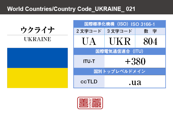 国名：ウクライナ/UKRAINE　国際標準化機構 ISO 3166-1 [ 2文字コード：UA , 3文字コード：UKR , 数字：804 ]　国際電気通信連合 ITU-T：+380　国別トップレベルドメイン ccTLD：.ua