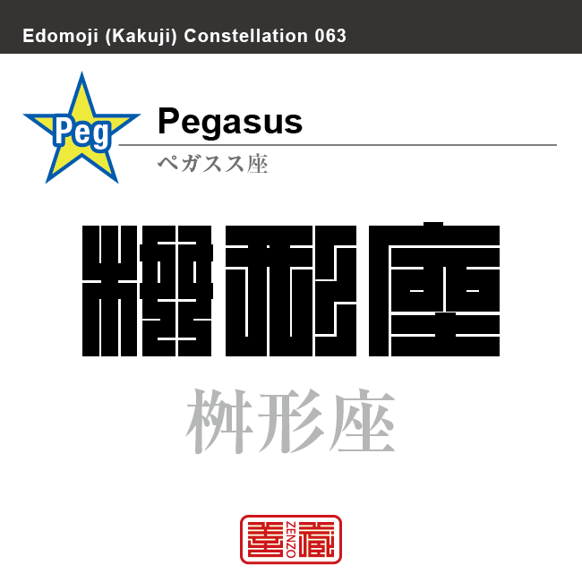 桝形座　ペガスス座　角字で星座の名前、漢字表記　星座の名前（漢字表記）を角字で表現してみました。該当する星座についても簡単に解説しています。