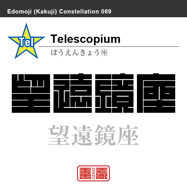 望遠鏡座　ぼうえんきょう座　角字で星座の名前、漢字表記　星座の名前（漢字表記）を角字で表現してみました。該当する星座についても簡単に解説しています。