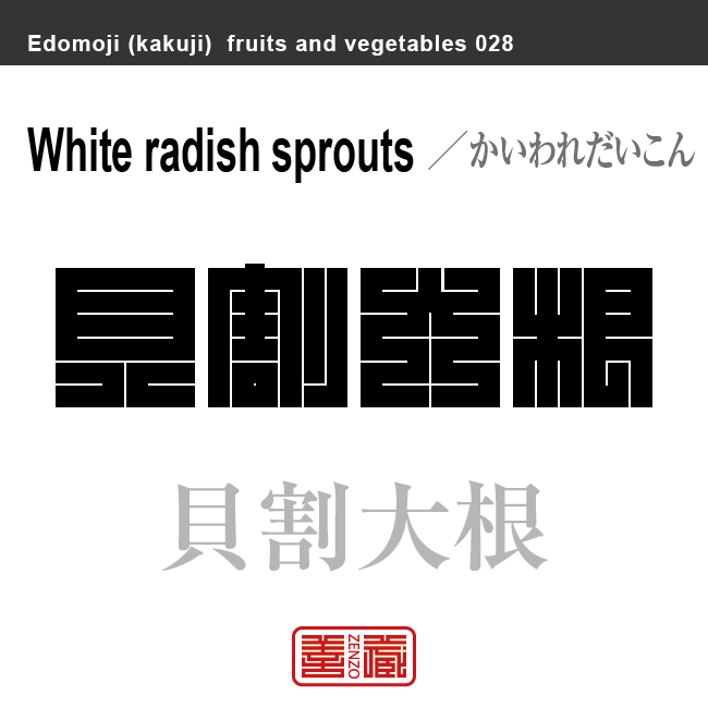 貝割大根　かいわれだいこん　野菜や果物の名前（漢字表記）を角字で表現してみました。該当する植物についても簡単に解説しています。