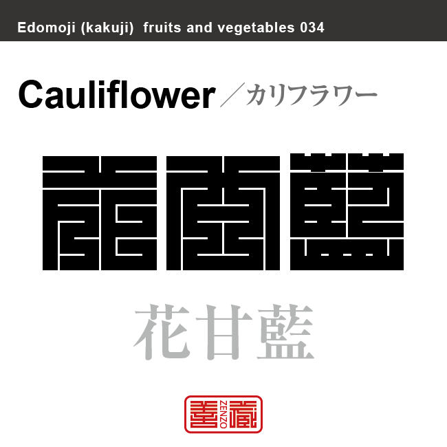 花甘藍　カリフラワー　野菜や果物の名前（漢字表記）を角字で表現してみました。該当する植物についても簡単に解説しています。