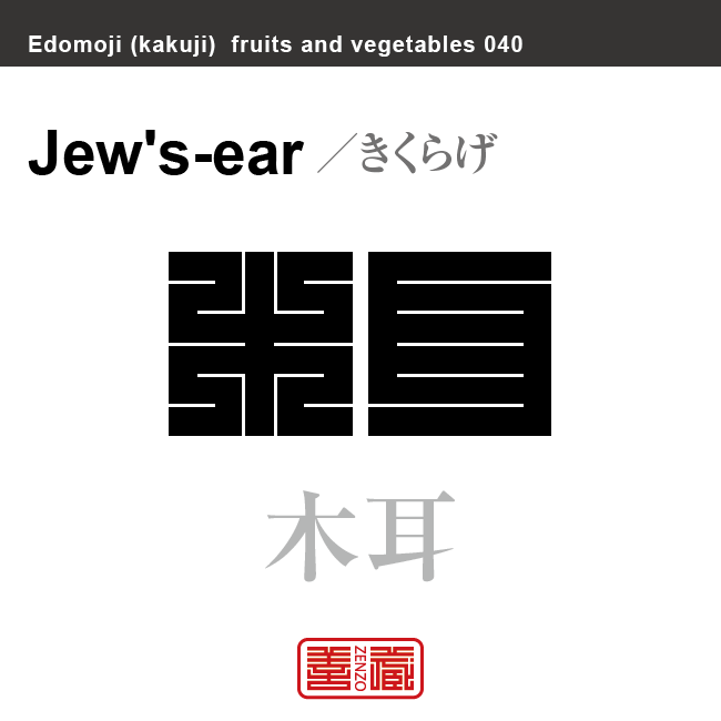 木耳　きくらげ　野菜や果物の名前（漢字表記）を角字で表現してみました。該当する植物についても簡単に解説しています。