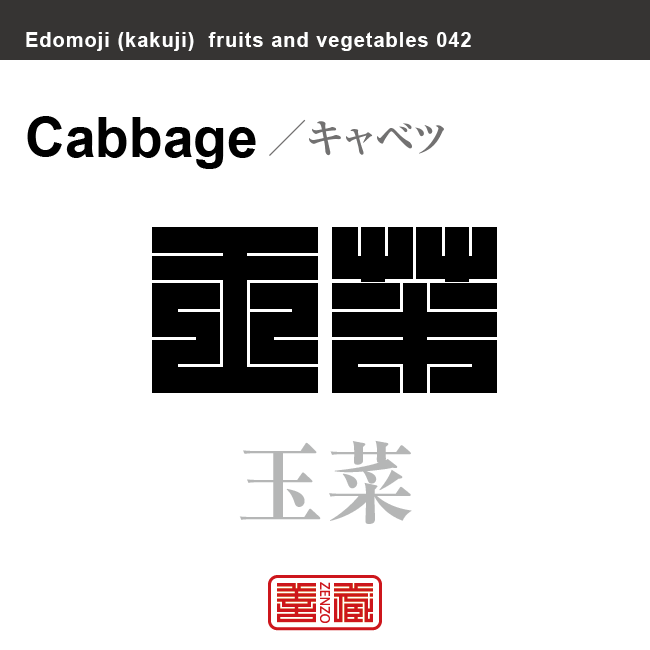 甘藍　玉菜　キャベツ　野菜や果物の名前（漢字表記）を角字で表現してみました。該当する植物についても簡単に解説しています。