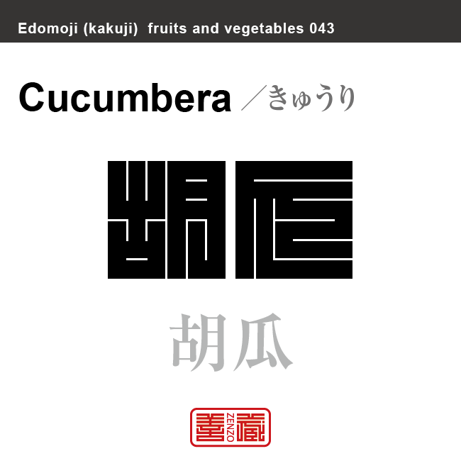 胡瓜　きゅうり　野菜や果物の名前（漢字表記）を角字で表現してみました。該当する植物についても簡単に解説しています。