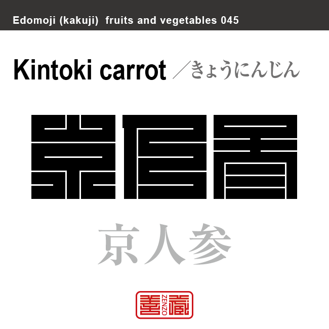 京人参　きょうにんじん　野菜や果物の名前（漢字表記）を角字で表現してみました。該当する植物についても簡単に解説しています。