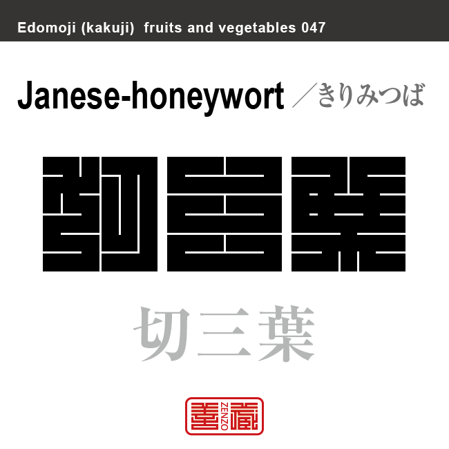 切三葉　きりみつば　野菜や果物の名前（漢字表記）を角字で表現してみました。該当する植物についても簡単に解説しています。