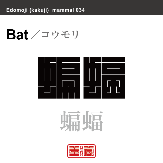 蝙蝠　コウモリ　哺乳類の名前（漢字表記）を角字で表現してみました。該当する動物についても簡単に解説しています。