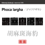 胡麻斑海豹　ゴマフアザラシ　哺乳類の名前（漢字表記）を角字で表現してみました。該当する動物についても簡単に解説しています。