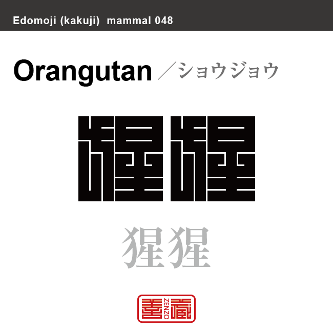 猩猩　ショウジョウ　哺乳類の名前（漢字表記）を角字で表現してみました。該当する動物についても簡単に解説しています。