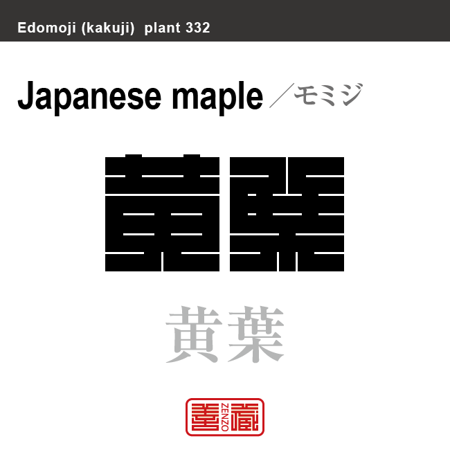 黄葉　モミジ　花や植物の名前（漢字表記）を角字で表現してみました。該当する植物についても簡単に解説しています。